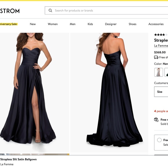 NEW LA FEMME Navy STRAPLESS Sweetheart PLEATED Satin HIGH SLIT Evening BALL GOWN - Picture 4 of 16